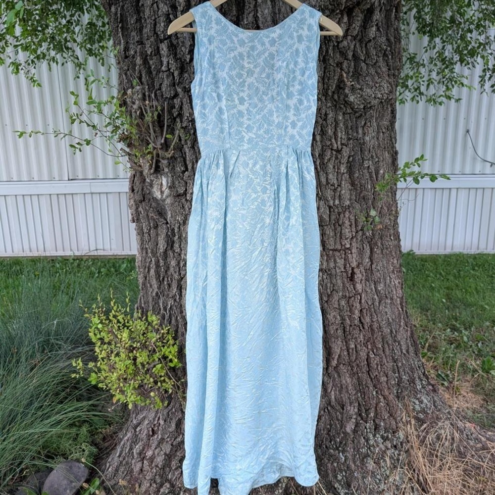 Vintage Light Blue‎ Damask Brocade Maxi Dress Sleeveless V-Back Floral 50s 60s